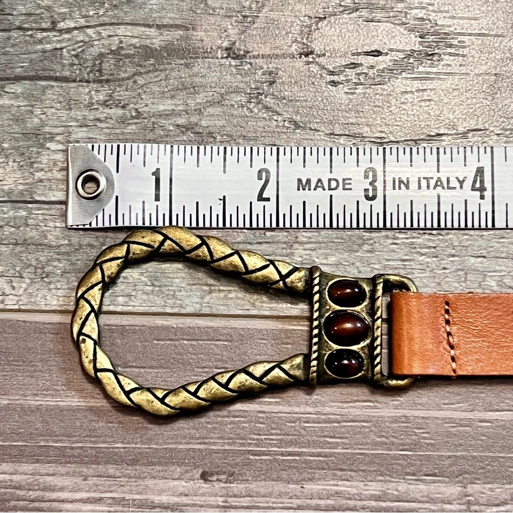Chicos Italian Leather Brass Tone Waist Belt Size S/M Adjustable Hook Gemstones